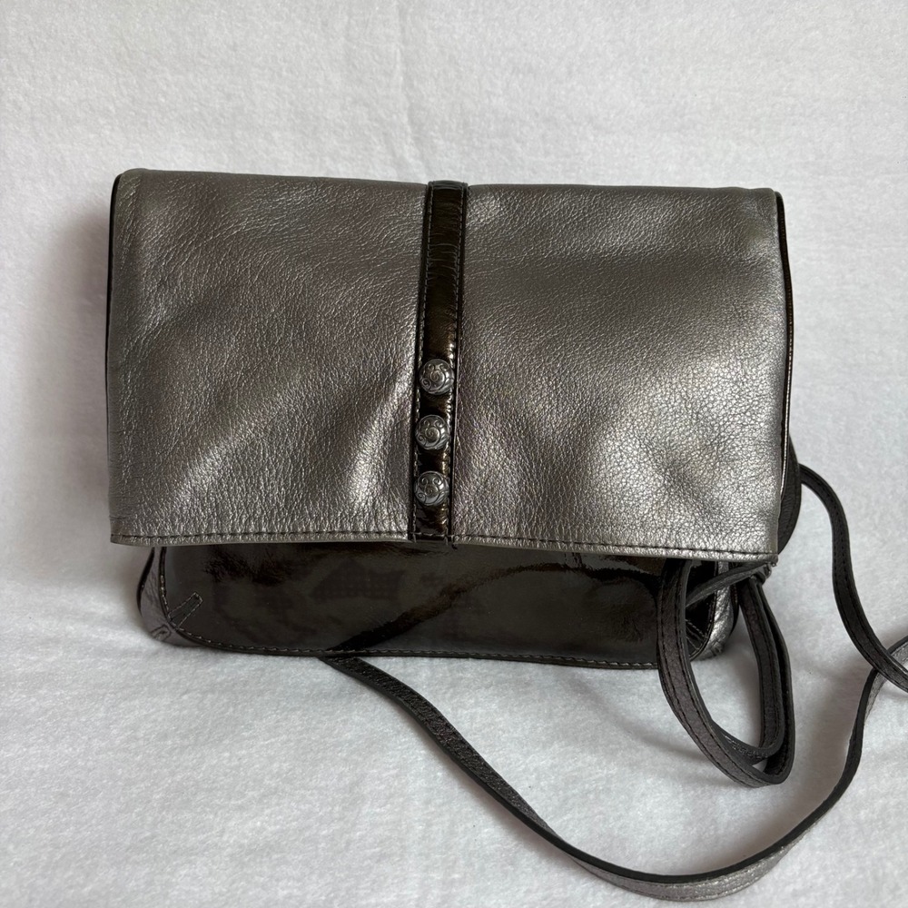 Brighton Metallic Pewter Leather Crossbody Bag Patent Bronze Trim Scroll Buttons
